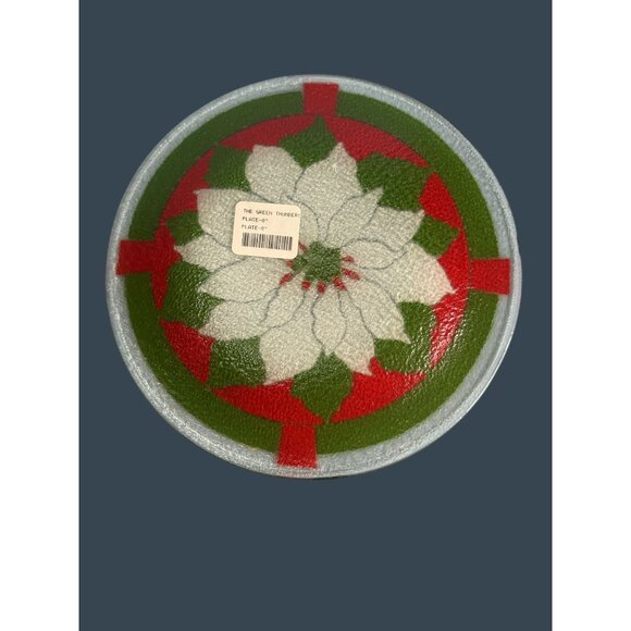 Peggy Karr Glass Holiday Poinsettia Plate 7.75" Handmade In USA Vibrant Red Gree - Picture 4 of 6